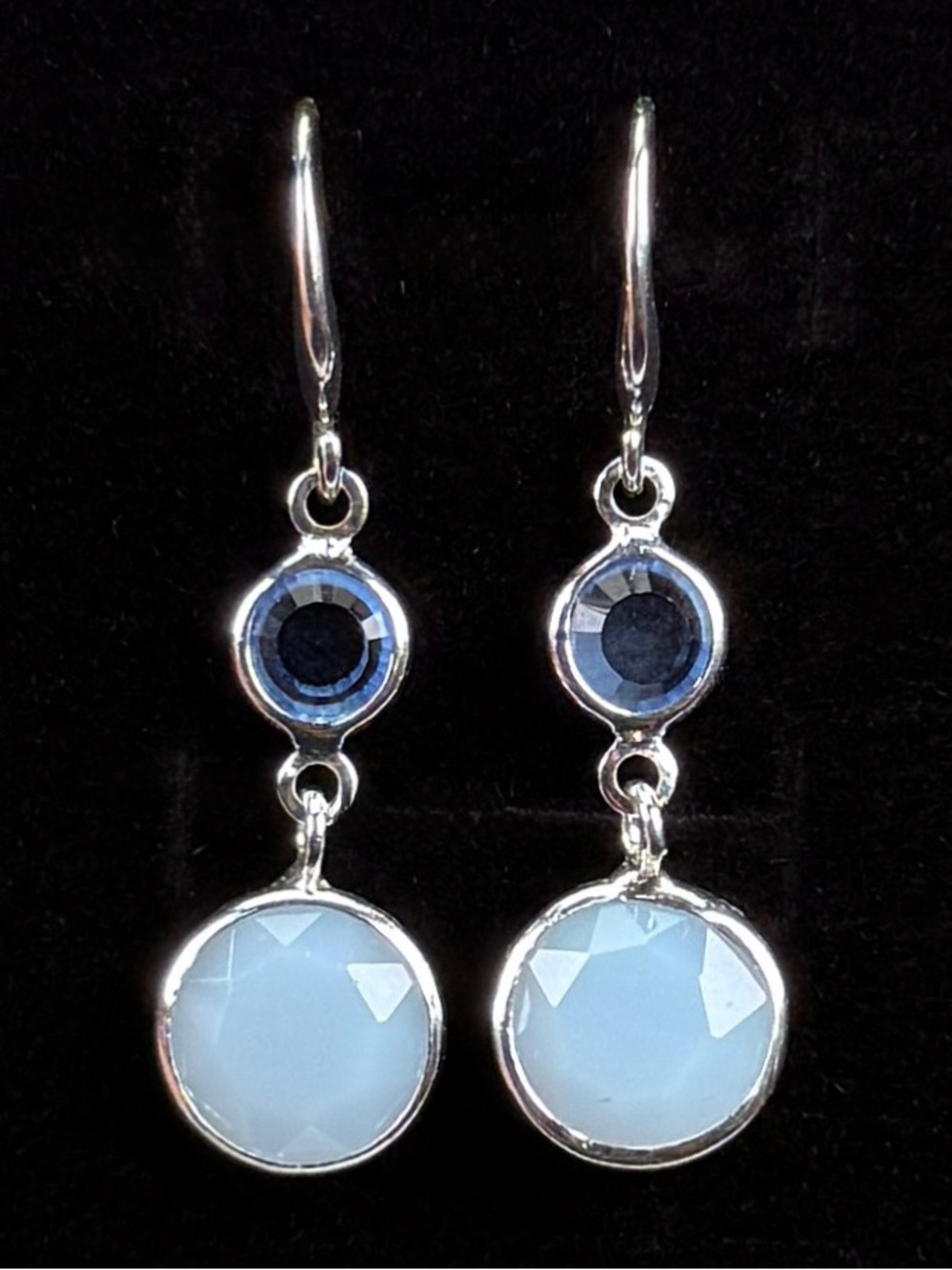 Gorgeous Silvertone and blue long costume pierced earrings